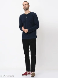 Contrast Stitch Solid Henley Neck T-Shirt - Cotton Blend, S (Chest Size: 36 in, Length Size: 27 in) 