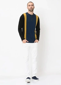 Three-Tone Colour Block Henley Zip Up T-Shirt - cotton blend, S (Chest Size: 36 in, Length Size: 27 in) 