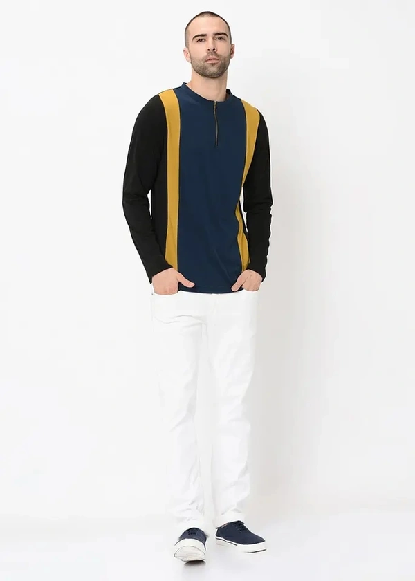 Three-Tone Colour Block Henley Zip Up T-Shirt - cotton blend, S (Chest Size: 36 in, Length Size: 27 in) 