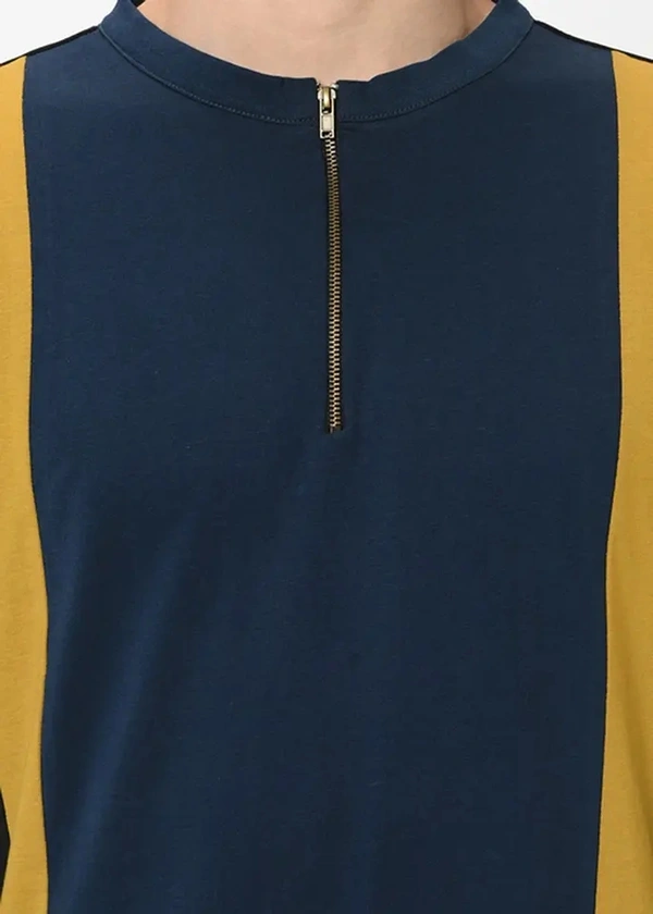 Three-Tone Colour Block Henley Zip Up T-Shirt - cotton blend, S (Chest Size: 36 in, Length Size: 27 in) 