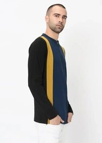 Three-Tone Colour Block Henley Zip Up T-Shirt - cotton blend, S (Chest Size: 36 in, Length Size: 27 in) 