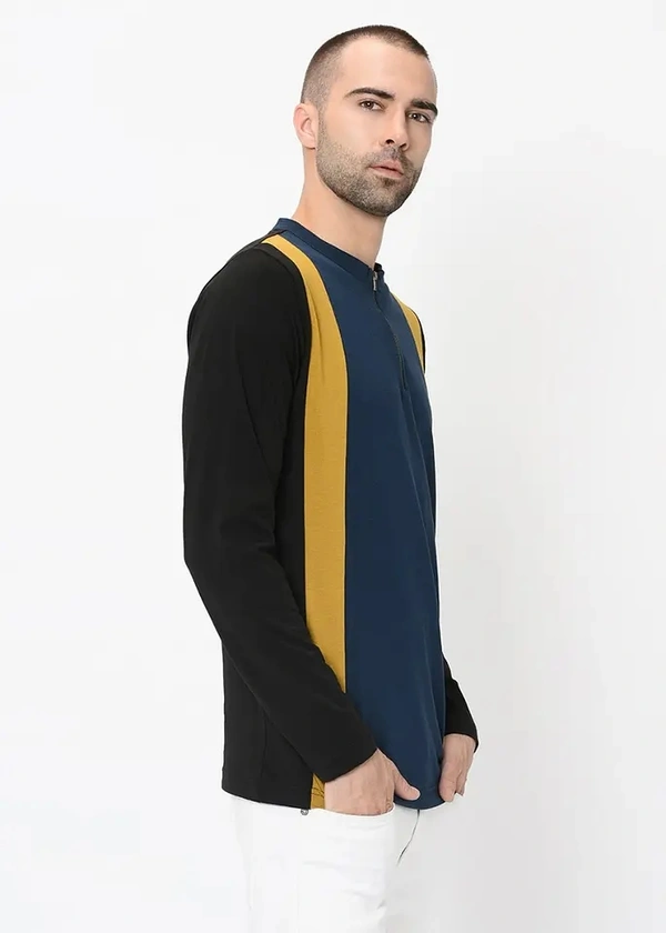 Three-Tone Colour Block Henley Zip Up T-Shirt - cotton blend, S (Chest Size: 36 in, Length Size: 27 in) 