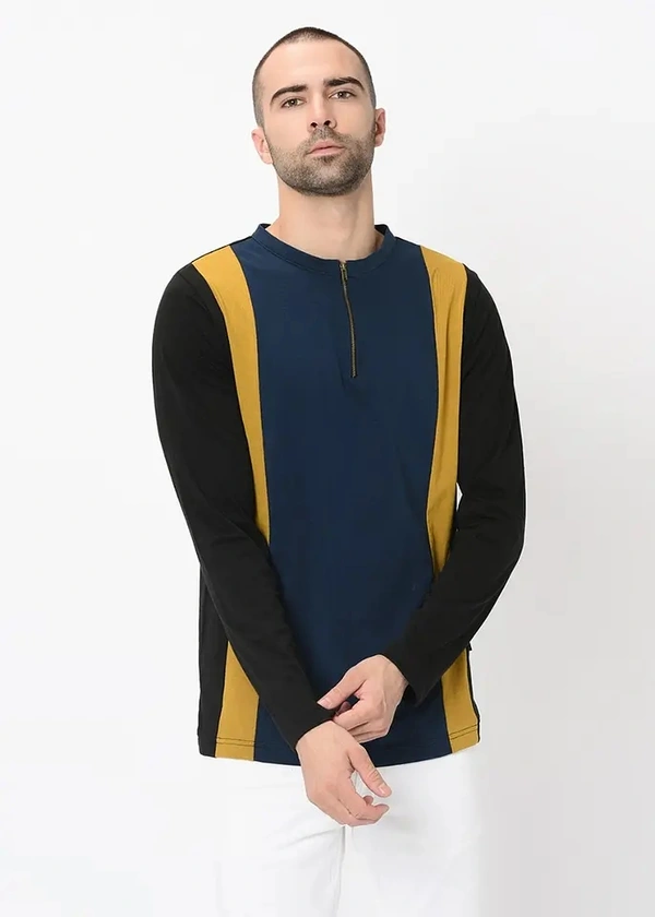 Three-Tone Colour Block Henley Zip Up T-Shirt - cotton blend, L (Chest Size: 40 in, Length Size: 28 in) 