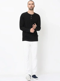 Contrast Stitch Solid Henley Neck T-Shirt - cotton blend, S (Chest Size: 36 in, Length Size: 27 in) 