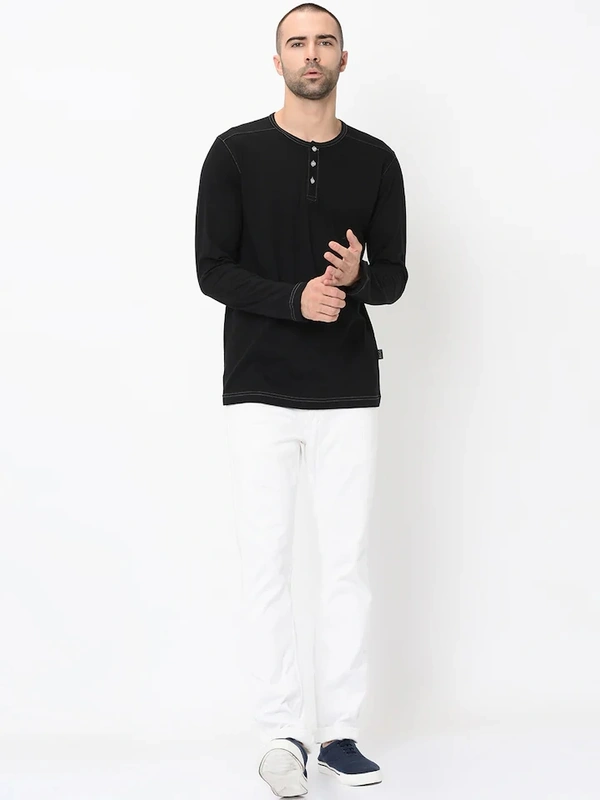 Contrast Stitch Solid Henley Neck T-Shirt - cotton blend, S (Chest Size: 36 in, Length Size: 27 in) 