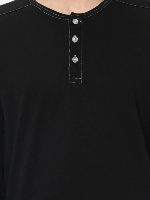 Contrast Stitch Solid Henley Neck T-Shirt - cotton blend, S (Chest Size: 36 in, Length Size: 27 in) 