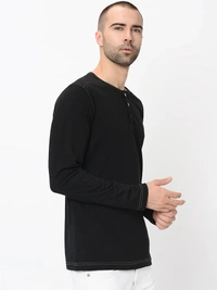 Contrast Stitch Solid Henley Neck T-Shirt - cotton blend, S (Chest Size: 36 in, Length Size: 27 in) 