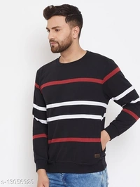 Black Full Sleeves Striper Round Neck Sweatshirt - cotton blend, L (Chest Size: 42 in, Length Size: 28 in, Waist Size: 42 in, Hip Size: 42 in) 