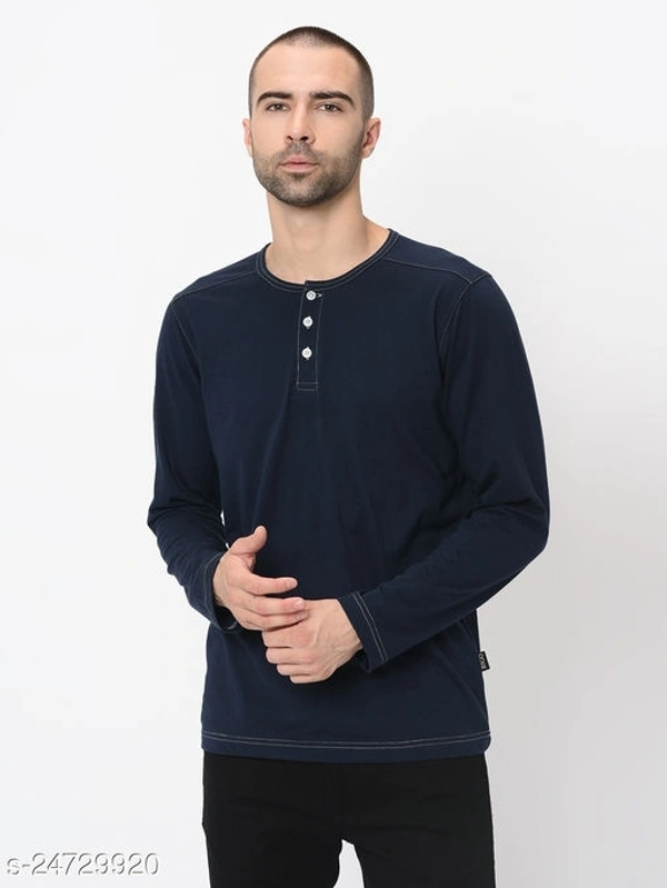 Contrast Stitch Solid Henley Neck T-Shirt - cotton blend, L (Chest Size: 40 in, Length Size: 28 in) 
