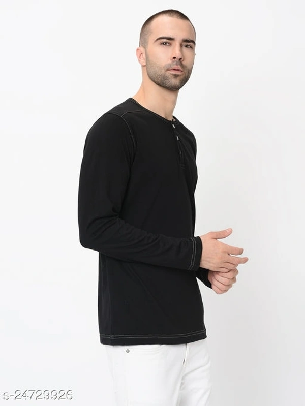 Contrast Stitch Solid Henley Neck T-Shirt - Cotton Blend, S (Chest Size: 36 in, Length Size: 27 in) 