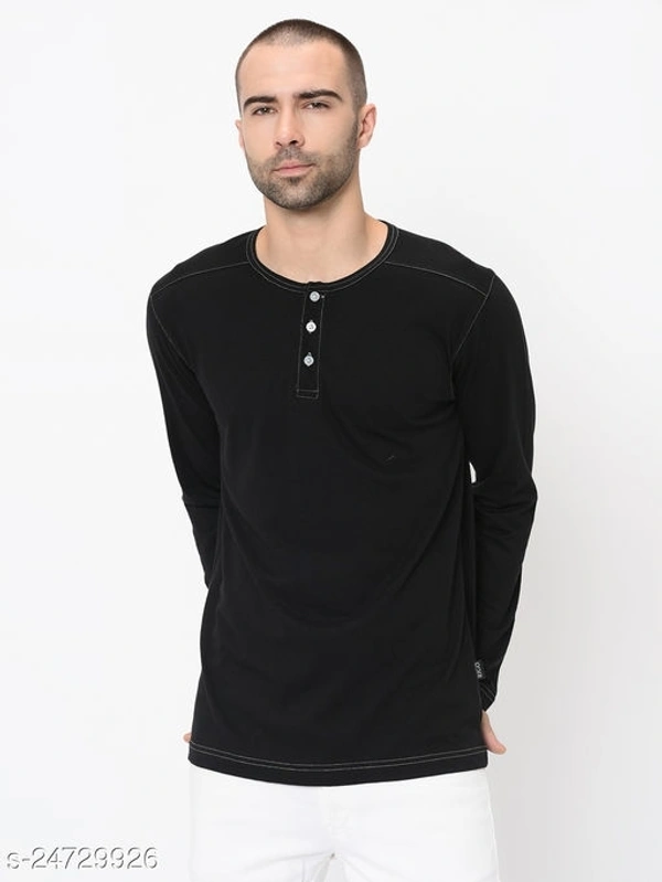 Contrast Stitch Solid Henley Neck T-Shirt - Cotton Blend, XL (Chest Size: 42 in, Length Size: 29 in) 