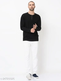 Contrast Stitch Solid Henley Neck T-Shirt - Cotton Blend, L (Chest Size: 40 in, Length Size: 28 in) 