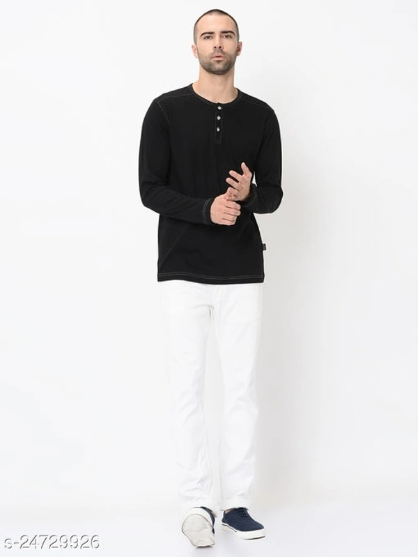 Contrast Stitch Solid Henley Neck T-Shirt - Cotton Blend, L (Chest Size: 40 in, Length Size: 28 in) 