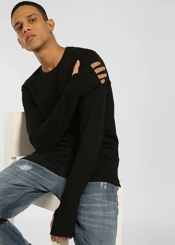 Cotton Round Neck Thumbhole T-shirt - cotton, XL
