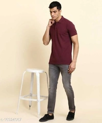 Maroon Basic Polo Neck T-shirt - cotton, M (Chest Size: 38 in, Length Size: 27 in) 