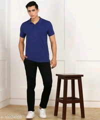Royal Blue Basic Polo Neck T-shirt - cotton, L (Chest Size: 40 in, Length Size: 28 in) 