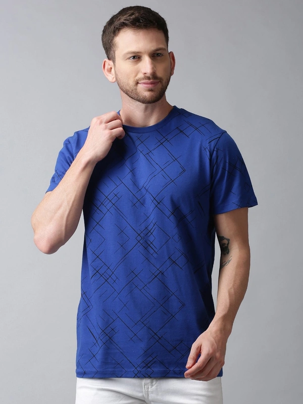 Blue Cotton Round Neck Cross T-shirt - cotton blend, S (Chest Size: 38 in) 