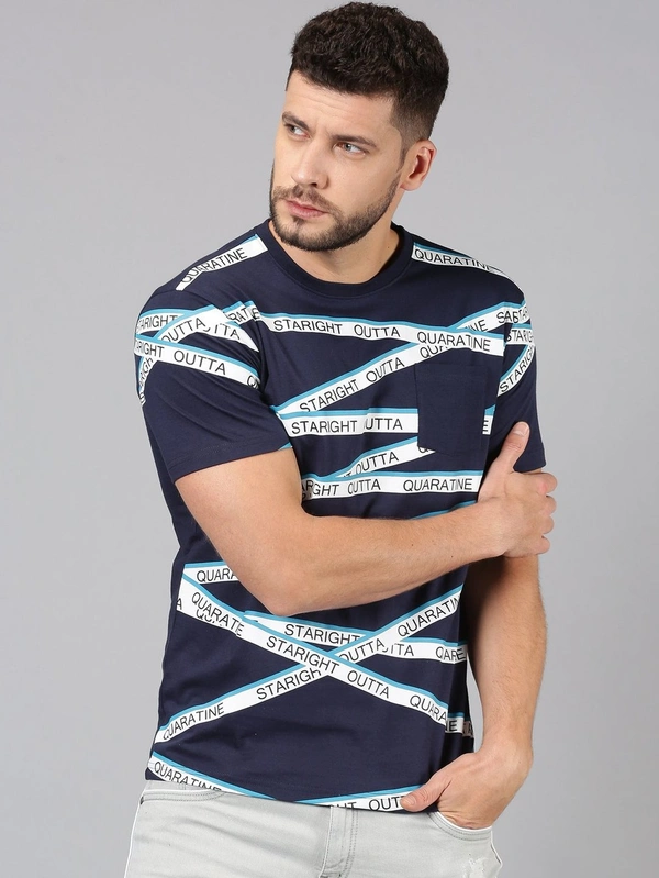 Navy Blue Printed Crew Neck T-shirt - cotton, S (Chest Size: 38 in) 