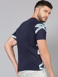 Navy Blue Printed Crew Neck T-shirt - cotton, S (Chest Size: 38 in) 