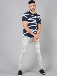 Navy Blue Printed Crew Neck T-shirt - cotton, S (Chest Size: 38 in) 