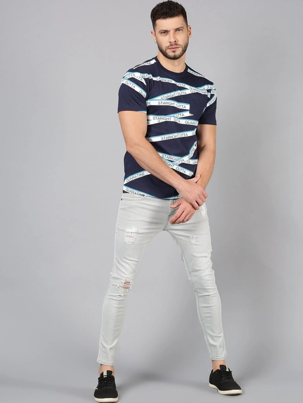 Navy Blue Printed Crew Neck T-shirt - cotton, S (Chest Size: 38 in) 