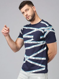 Navy Blue Printed Crew Neck T-shirt - cotton, S (Chest Size: 38 in) 