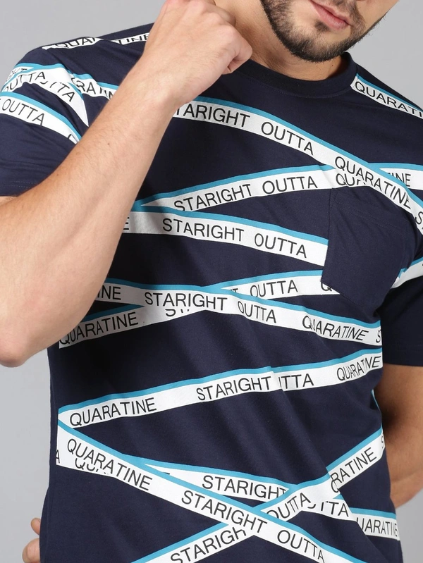 Navy Blue Printed Crew Neck T-shirt - cotton, S (Chest Size: 38 in) 