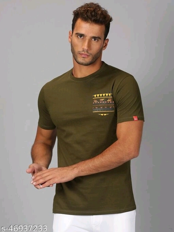 Olive Green Pocket Detailing T-shirt - cotton, M (Chest Size: 40 in) 