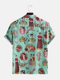 Cartoon Printed Chest Pocket Turn Down Collar Short Sleeve Shirt - Lycra, M (Chest Size: 40 in, Length Size: 28 in) 