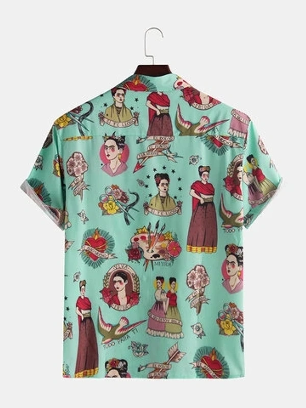 Cartoon Printed Chest Pocket Turn Down Collar Short Sleeve Shirt - Lycra, M (Chest Size: 40 in, Length Size: 28 in) 