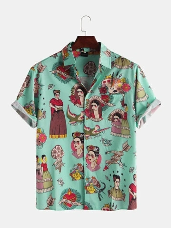 Cartoon Printed Chest Pocket Turn Down Collar Short Sleeve Shirt - Lycra, M (Chest Size: 40 in, Length Size: 28 in) 