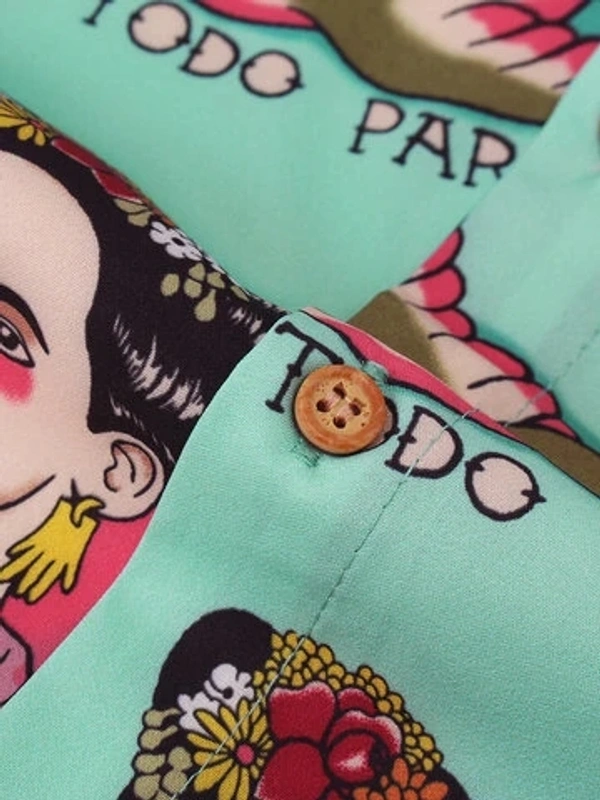 Cartoon Printed Chest Pocket Turn Down Collar Short Sleeve Shirt - Lycra, L (Chest Size: 42 in, Length Size: 28.5 in) 