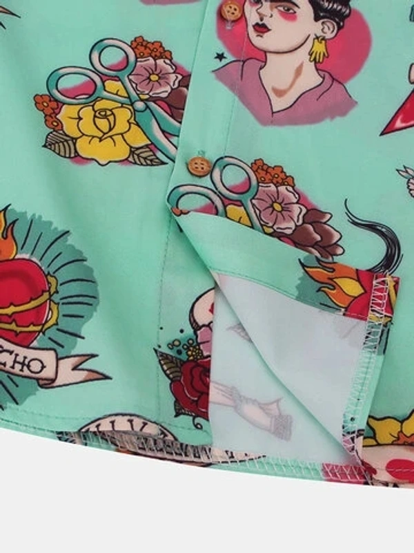 Cartoon Printed Chest Pocket Turn Down Collar Short Sleeve Shirt - Lycra, L (Chest Size: 42 in, Length Size: 28.5 in) 