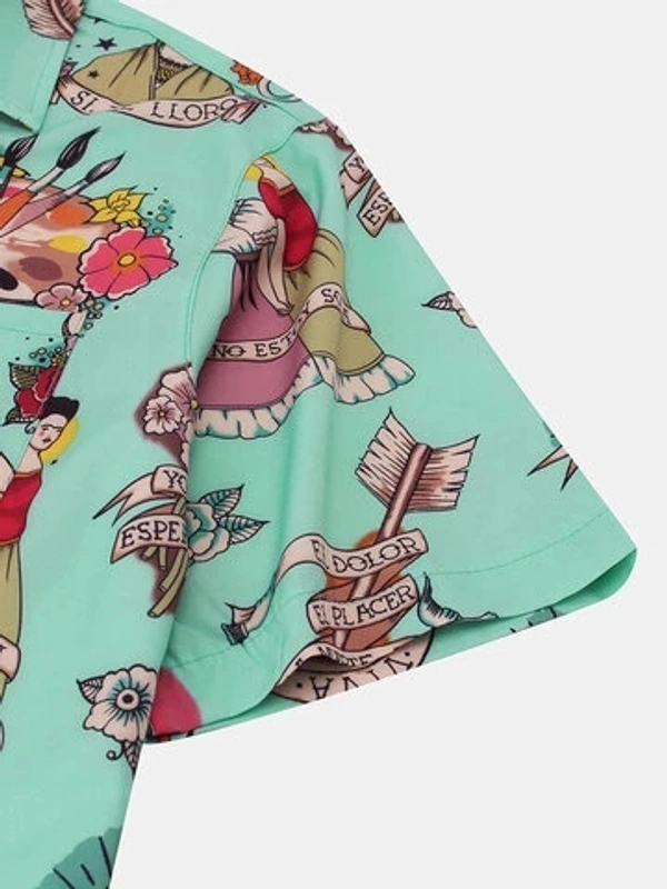 Cartoon Printed Chest Pocket Turn Down Collar Short Sleeve Shirt - Lycra, L (Chest Size: 42 in, Length Size: 28.5 in) 