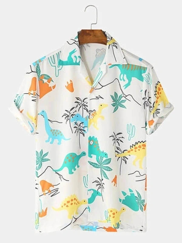 Dinosaur Cartoon Printed Short Sleeve Shirts - cotton, XL (Chest Size: 45 in, Length Size: 30 in) 