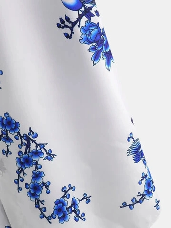 Chinese Style Porcelain Floral Printed Short Sleeve Turn Down Collar Casual Shirt - poly cotton, S (Chest Size: 40 in, Length Size: 27 in) 