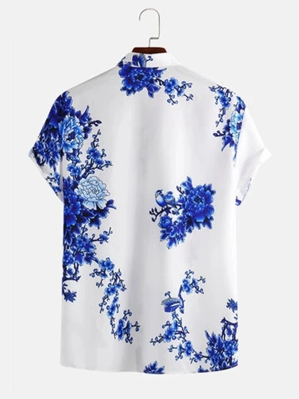 Chinese Style Porcelain Floral Printed Short Sleeve Turn Down Collar Casual Shirt - poly cotton, S (Chest Size: 40 in, Length Size: 27 in) 