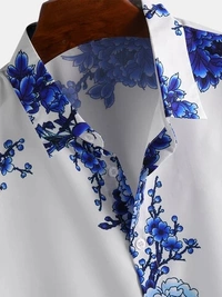 Chinese Style Porcelain Floral Printed Short Sleeve Turn Down Collar Casual Shirt - poly cotton, S (Chest Size: 40 in, Length Size: 27 in) 