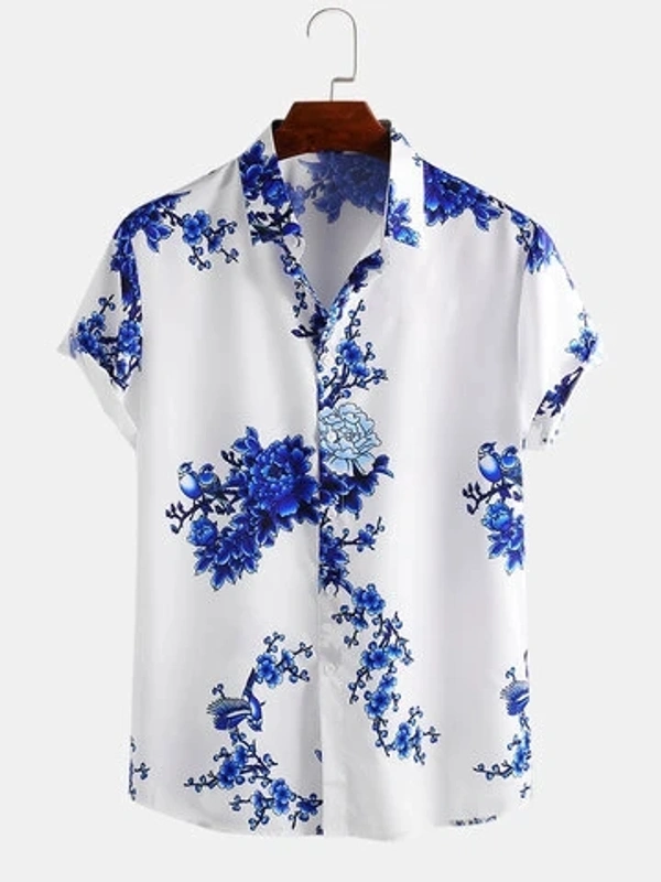 Chinese Style Porcelain Floral Printed Short Sleeve Turn Down Collar Casual Shirt - poly cotton, S (Chest Size: 40 in, Length Size: 27 in) 