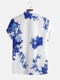 Chinese Style Porcelain Floral Printed Short Sleeve Turn Down Collar Casual Shirt - poly cotton, XL (Chest Size: 46 in, Length Size: 30 in) 