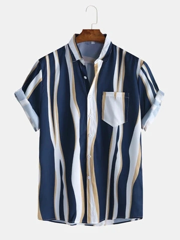 Navy Blue Striped Half Sleeve Shirt - poly cotton, XL (Chest Size: 42 in, Length Size: 30 in) 