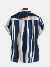 Navy Blue Striped Half Sleeve Shirt - poly cotton, XL (Chest Size: 42 in, Length Size: 30 in) 