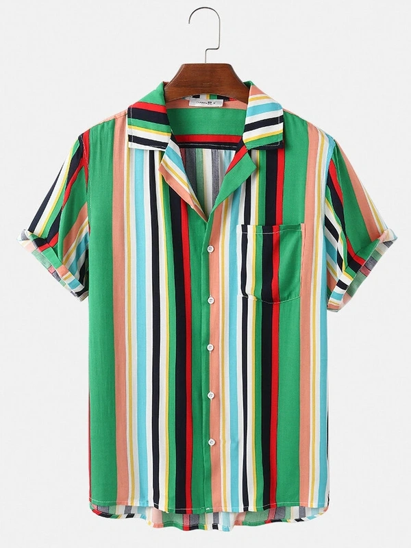 Vertical Stripes Mens Holiday Beach Button Up Short Sleeve Shirts - Rayon, XXL (Chest Size: 46 in, Length Size: 26.5 in) 