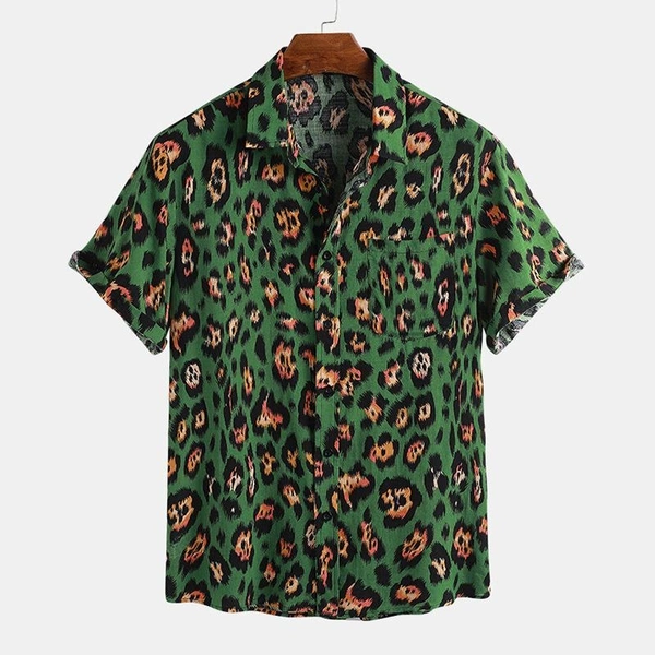 Green Leopard Print Chest Pocket Casual Shirt - poly cotton, XL (Chest Size: 44 in, Length Size: 26.5 in) 
