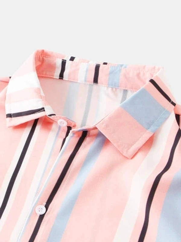 Pink Light Striped Short Sleeves Shirt - Lycra, S (Chest Size: 37 in, Length Size: 28in) 