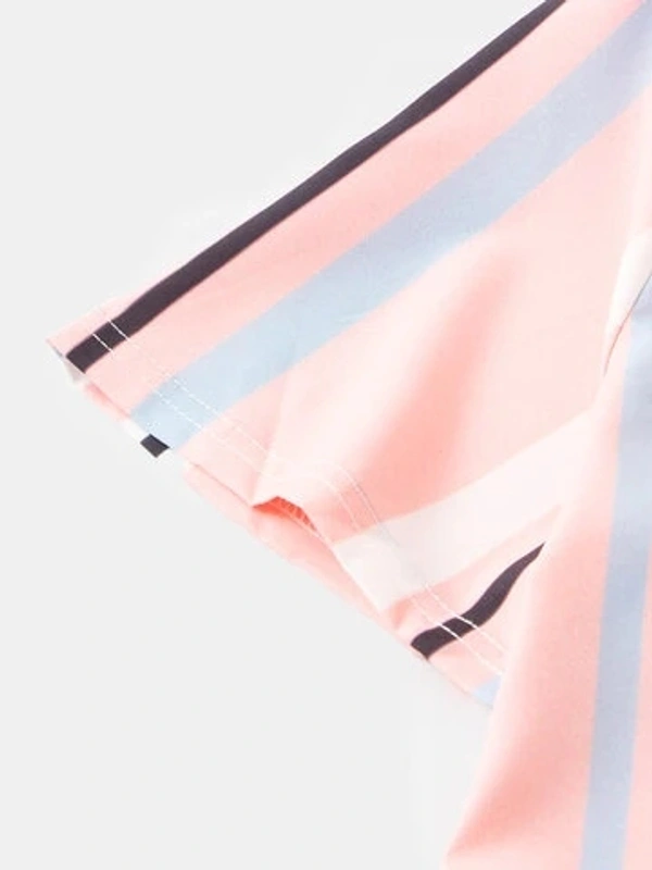 Pink Light Striped Short Sleeves Shirt - Lycra, S (Chest Size: 37 in, Length Size: 28in) 