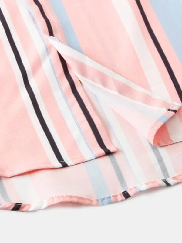Pink Light Striped Short Sleeves Shirt - Lycra, S (Chest Size: 37 in, Length Size: 28in) 