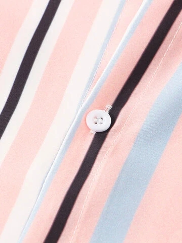 Pink Light Striped Short Sleeves Shirt - Lycra, S (Chest Size: 37 in, Length Size: 28in) 