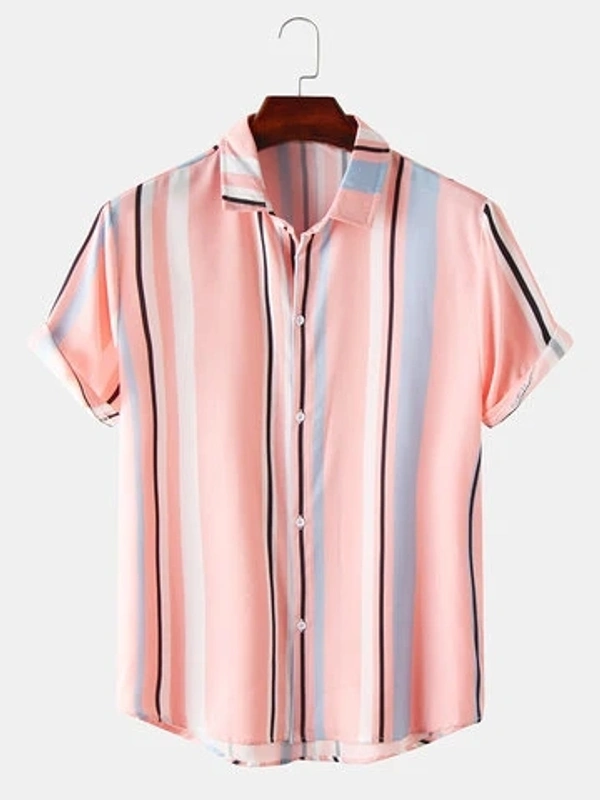 Pink Light Striped Short Sleeves Shirt - Lycra, XL (Chest Size: 43 in, Length Size: 29.5in) 