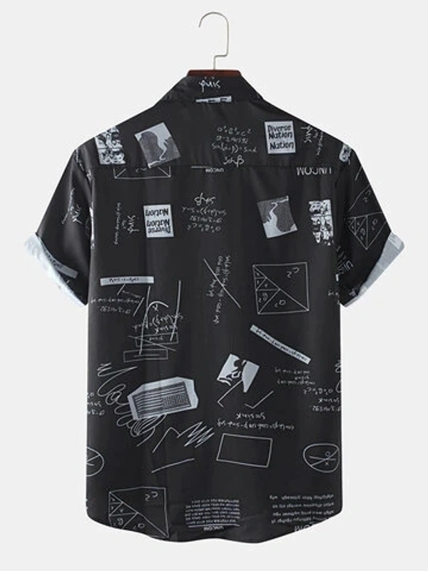 Abstract Letter Print Half Sleeve Shirt - Lycra, M (Chest Size: 39 in, Length Size: 28.5in) 